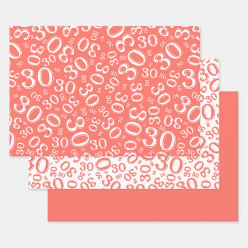 30th Birthday Coral  White Number Pattern 30 Wrapping Paper Sheets