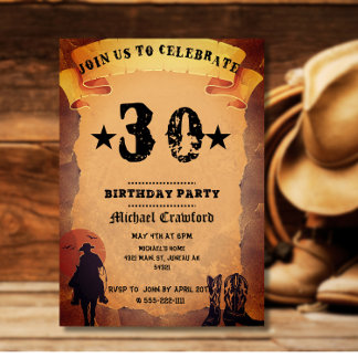 30th birthday cowboy old paper horse riding party invitation