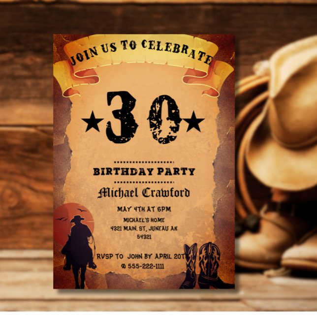 30th birthday cowboy old paper horse riding party invitation (Creator Uploaded)