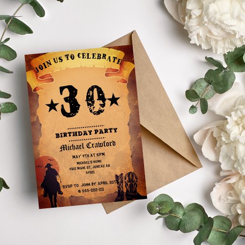 30th birthday cowboy old paper horse riding party invitation
