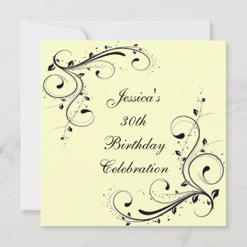 30th Birthday Cream &amp; Black Floral Swirls Personalized Announcement