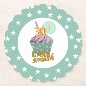 30th Birthday Cupcake Cake Smash Party Green Stars Paper Coaster by watermelontree at Zazzle
