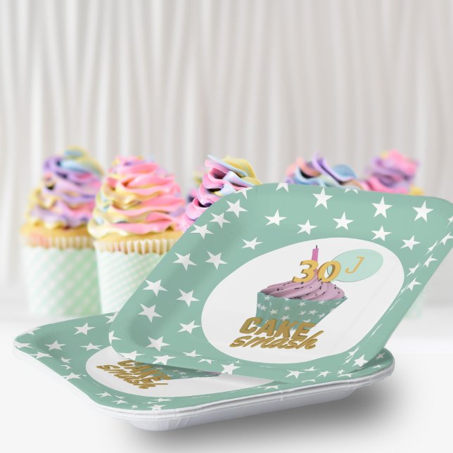 30th Birthday Cupcake Cake Smash Party Green Stars Paper Plates (If you can't smash a cake when you're 30, when can you? Just add your initial and smash some cake.)