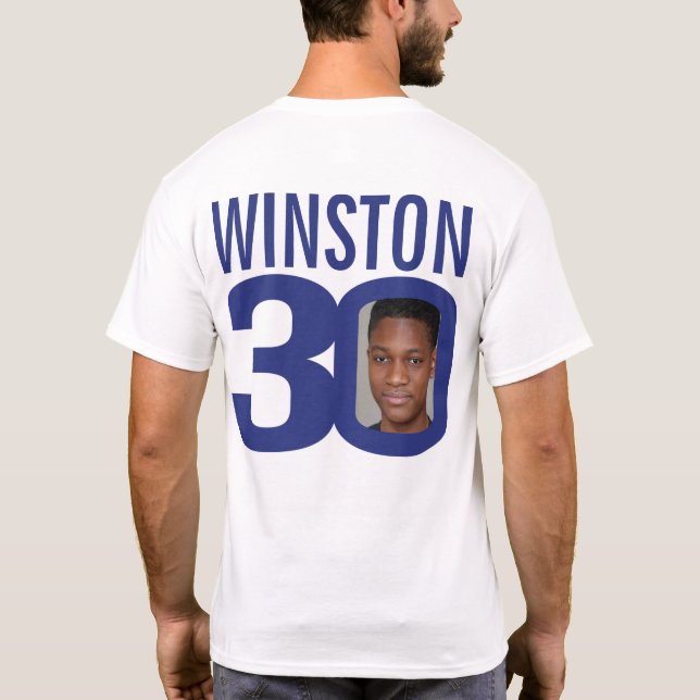 30th birthday custom name and photo blue white T-Shirt (Back)