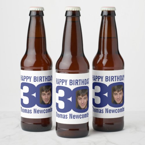 30th Birthday custom name navy blue white photo Beer Bottle Label