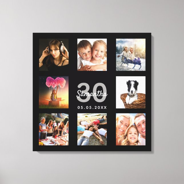 30th birthday custom photo collage black monogram canvas print (Front)
