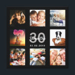 30th birthday custom photo collage black monogram canvas print<br><div class="desc">A unique 30th birthday gift or keepsake, celebrating her life with a collage of 8 of your photos. Add images of her family, friends, pets, hobbies or dream travel destination. Personalize and add a name, age 30 and a date. Gray and white colored letters. A chic black background. This canvas...</div>
