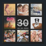 30th birthday custom photo collage black monogram faux canvas print<br><div class="desc">A unique 30th birthday gift or keepsake, celebrating her life with a collage of 8 of your photos. Add images of her family, friends, pets, hobbies or dream travel destination. Personalize and add a name, age 30 and a date. White and gray colored letters. A chic black background. This canvas...</div>