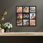30th birthday custom photo collage black monogram faux canvas print<br><div class="desc">A unique 30th birthday gift or keepsake, celebrating her life with a collage of 8 of your photos. Add images of her family, friends, pets, hobbies or dream travel destination. Personalize and add a name, age 30 and a date. White and gray colored letters. A chic black background. This canvas...</div>