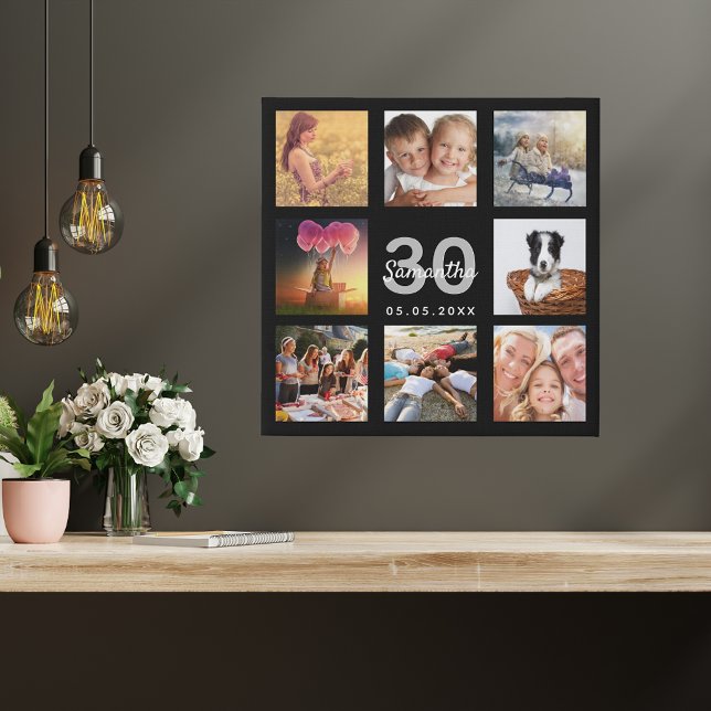 30th birthday custom photo collage black monogram faux canvas print (Creator Uploaded)