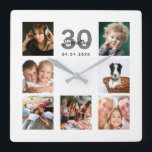 30th birthday custom photo collage friends square wall clock<br><div class="desc">A wall clock as a gift for a 30th birthday for a woman, celebrating her life with a collage of 7 of your photos. Personalize and add a name, age 30 and a date. Date of birth or the date of the anniversary. Black and gray colored letters. A chic white...</div>