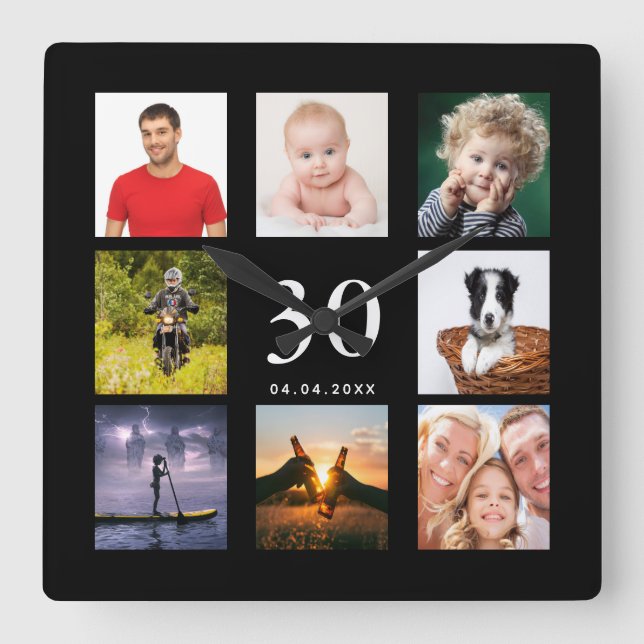 30th birthday custom photo collage guy black square wall clock (Front)