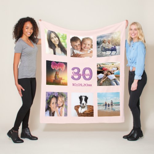 30th birthday custom photo collage rose gold pink fleece blanket