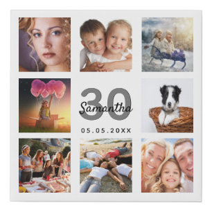 30th birthday custom photo collage white monogram faux canvas print