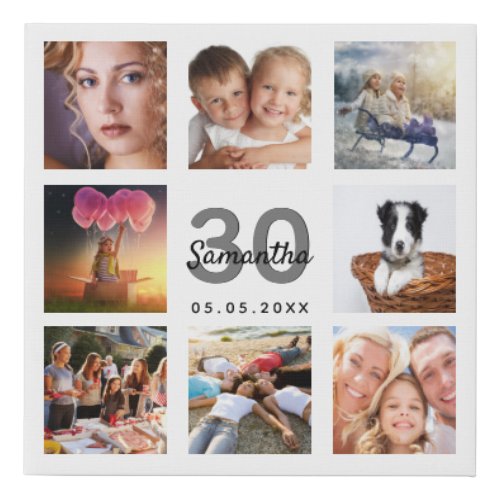 30th birthday custom photo collage white monogram faux canvas print