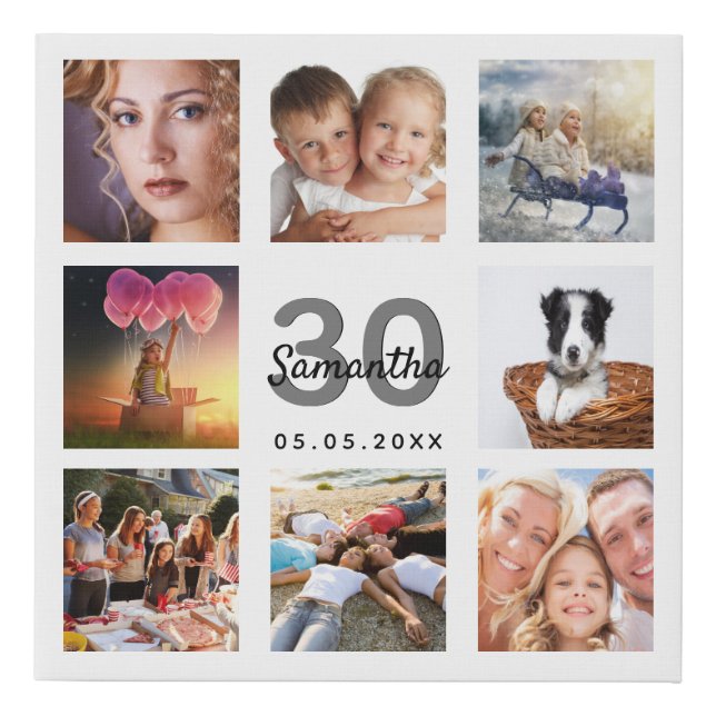 30th birthday custom photo collage white monogram faux canvas print (Front)