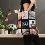 30th birthday custom photo collage woman black tote bag<br><div class="desc">A unique gift for a woman's 30th birthday, celebrating her life with a collage of 8 of your own photos, pictures. Personalize and add her name, age 30 and a date. A chic black background. Gray and white letters and numbers. The name is written with a modern hand lettered style...</div>