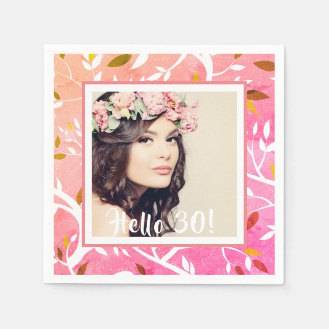 30th birthday custom photo pink botanical napkins (Front)