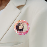 30th birthday custom photo pink botanical pattern button<br><div class="desc">An elegant and modern botanical pattern of branches and leaves in pink green,  and white as background.  A slim white frame and template for Your photo.  White text overlay: Hello 30!  A button for a girly 30th birthday party.</div>