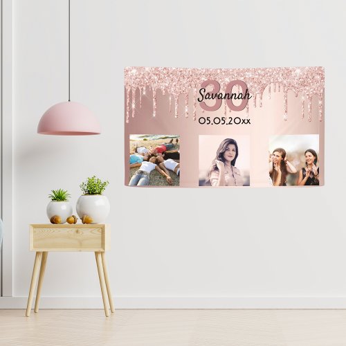 30th birthday custom photo rose gold pink glitter banner