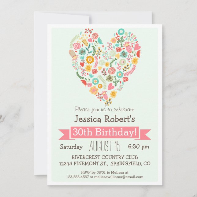 30th Birthday, Cute Floral Heart Birthday Party Invitation (Front)