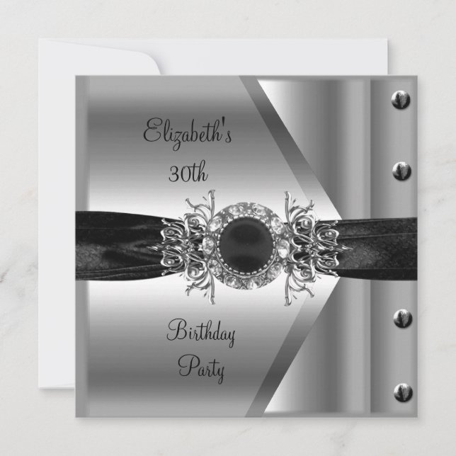 30th Birthday Diamond Jewel Black White Silver Invitation (Front)