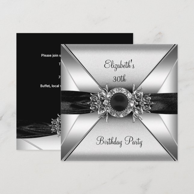 30th Birthday Diamond Jewel Black White Silver Invitation (Front/Back)