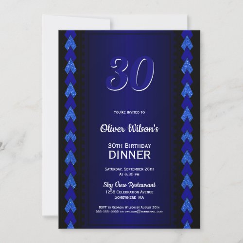 30th Birthday Dinner Black and Blue Party Invitation