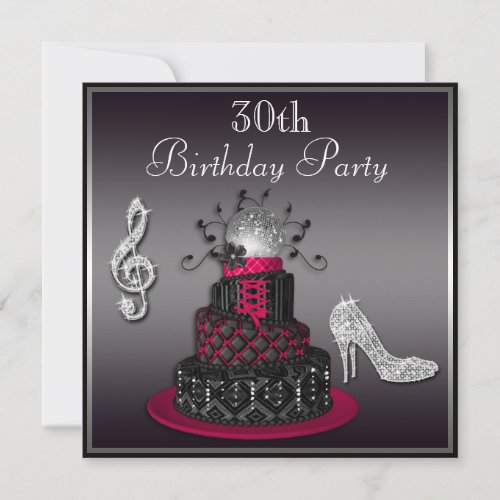 30th Birthday Disco Diva Cake and Heels Hot Pink Invitation