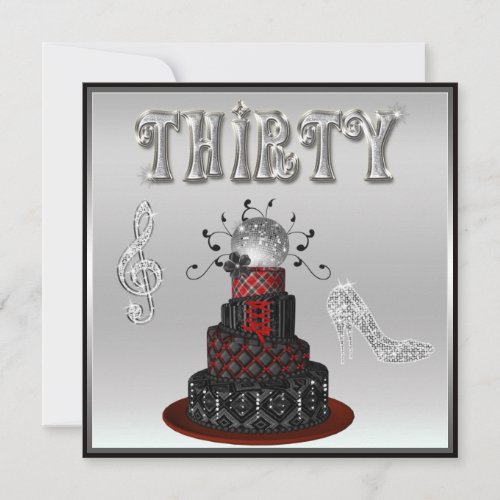 30th Birthday Disco Diva Cake Silver Sparkle Heels Invitation