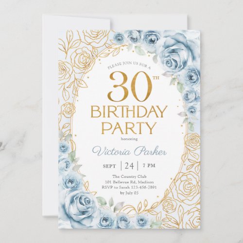 30th Birthday Dusty Blue Gold Floral Feminine Invitation