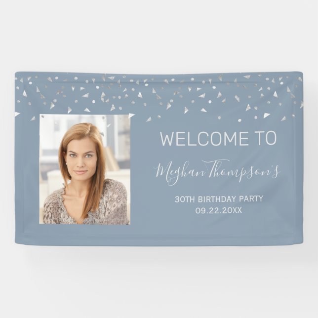 30th Birthday Dusty Blue Silver Confetti Welcome Banner (Horizontal)