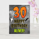 30th Birthday: Eerie Halloween Theme   Custom Name Card<br><div class="desc">The front of this scary and spooky Halloween themed birthday greeting card design features a large number “30”. It also features the message “HAPPY BIRTHDAY, ”, and an editable name. There are also depictions of a ghost and a bat on the front. The inside features an editable birthday greeting message,...</div>