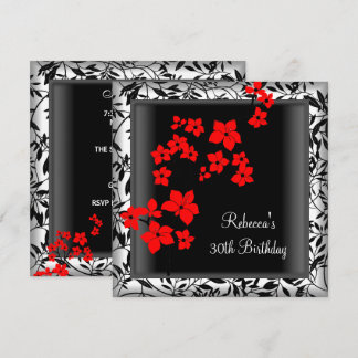 30th Birthday Elegant Asian Red Flowers White Invitation