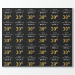 [ Thumbnail: 30th Birthday: Elegant, Black, Faux Gold Look Wrapping Paper ]