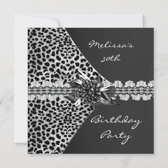 30th Birthday Elegant Black Grey Leopard Frilly Invitation (Front)
