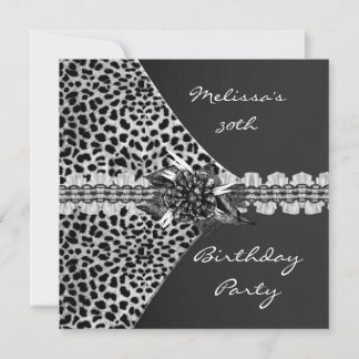 30th Birthday Elegant Black Grey Leopard Frilly Invitation