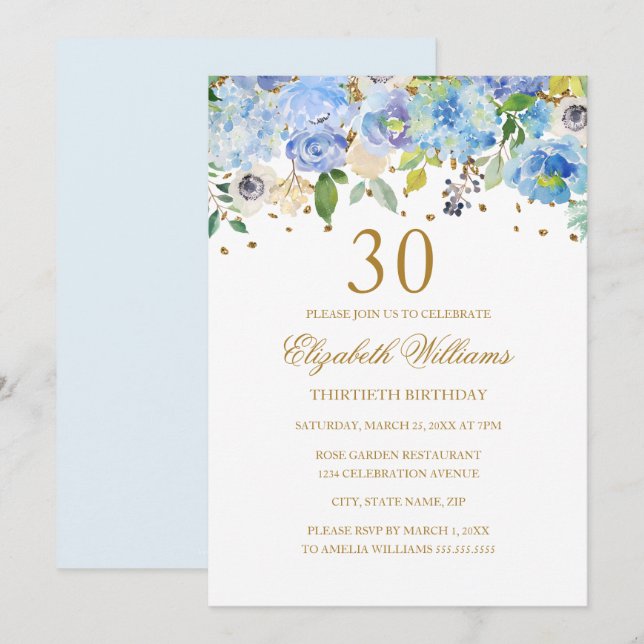 30th Birthday Elegant Blue Gold Floral Invitation (Front/Back)