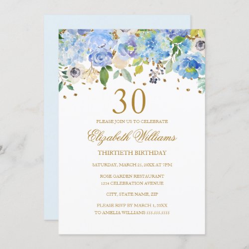 30th Birthday Elegant Blue Gold Floral Invitation