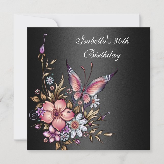 30th Birthday Elegant Floral Butterfly Black Invitation (Front)