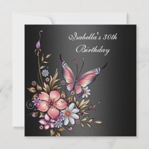 30th Birthday Elegant Floral Butterfly Black Invitation