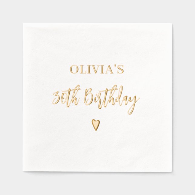 30th Birthday Elegant Modern Heart Gold Foil Napkins (Front)
