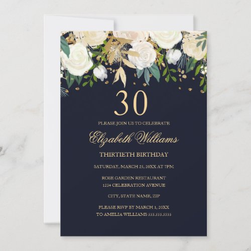 30th Birthday Elegant Navy Gold Floral Invitation