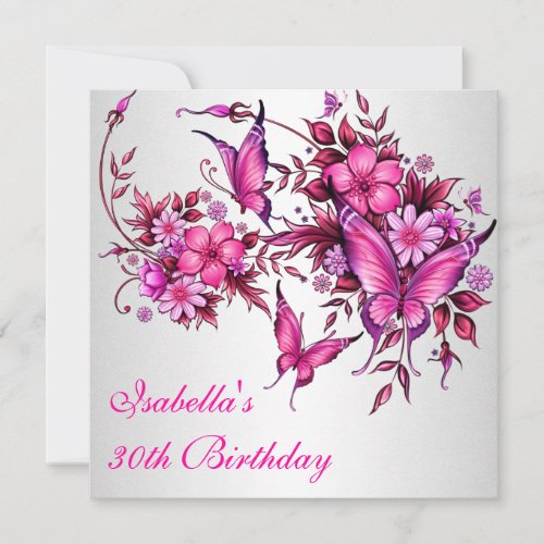 30th Birthday Elegant Pink Floral Butterfly White Invitation