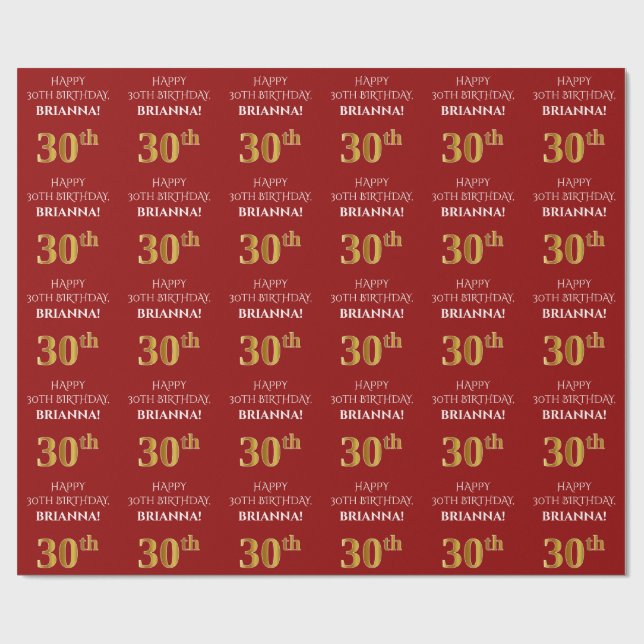 30th Birthday: Elegant, Red, Faux Gold Look Wrapping Paper (Flat)
