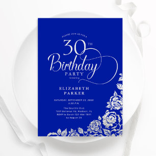 30th Birthday Elegant Royal Blue Silver Roses Invitation