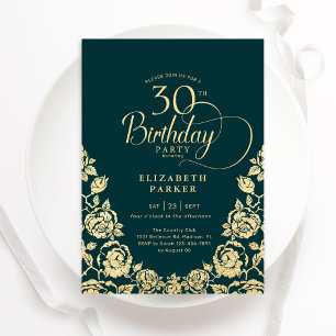 30th Birthday Emerald Green Gold Roses Invitation