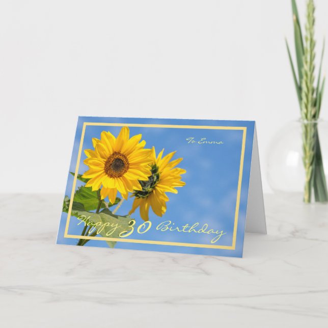 30th Birthday Emma Sunflowers Elegant Golden Frame Card (Front)
