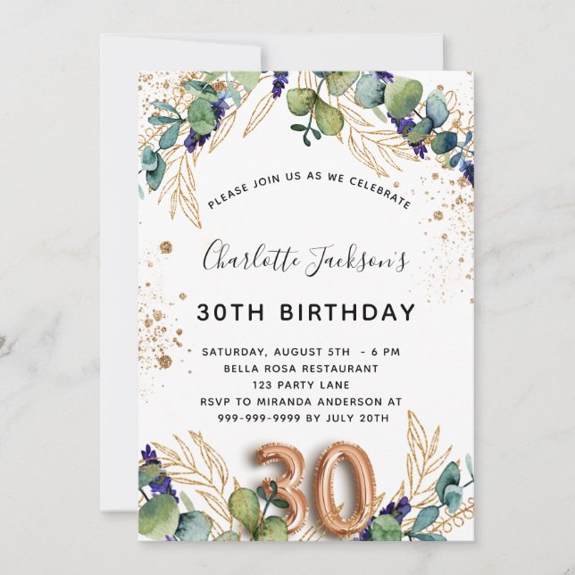 30th birthday eucalyptus greenery glitter elegant invitation (Front)