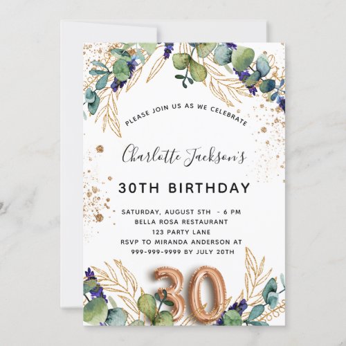 30th birthday eucalyptus greenery glitter elegant invitation